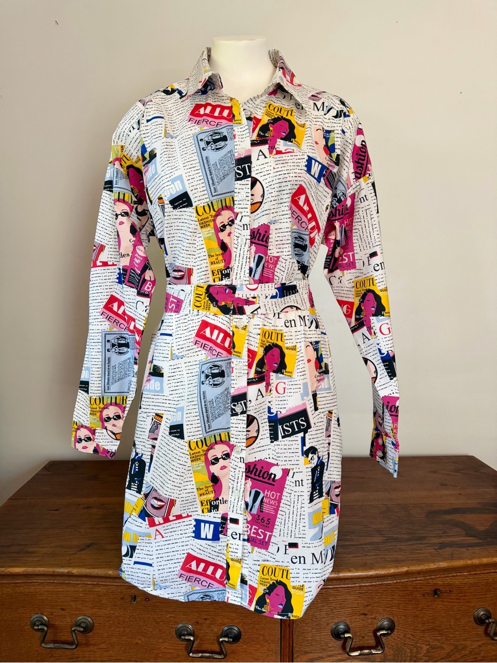 Women’s Newspaper Print Shirt Dress in White with Multi-Color Accents